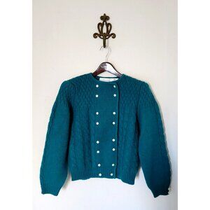 VTG Robert Scott Teal Green Cable Wool Sweater Medium Coquette Cropped Fisherman